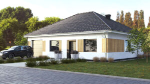 Projekt domu parterowego z garażem z dachem czterospadowym