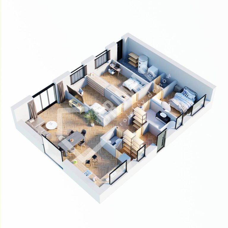 Projekt domu parterowego 100m2 - zaplanuj swoje przestrzenie życiowe z wykorzystaniem rzutu 3D.