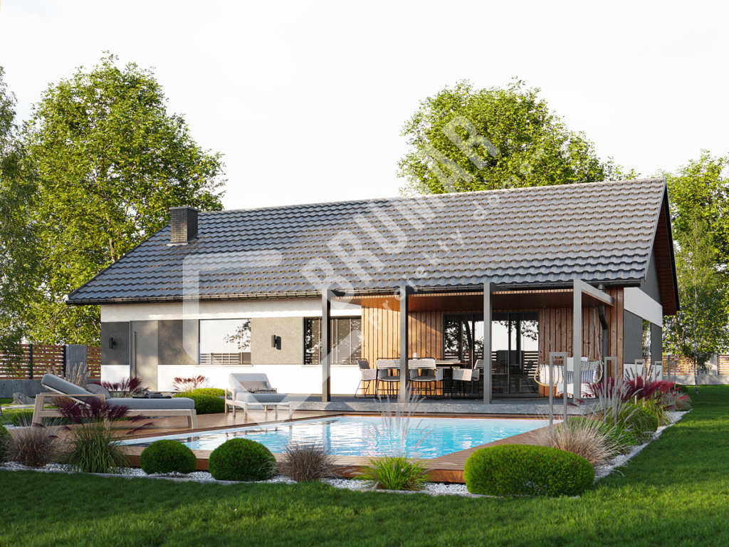 projekt domu parterowego 100m2 wizualizacja elewacji tył