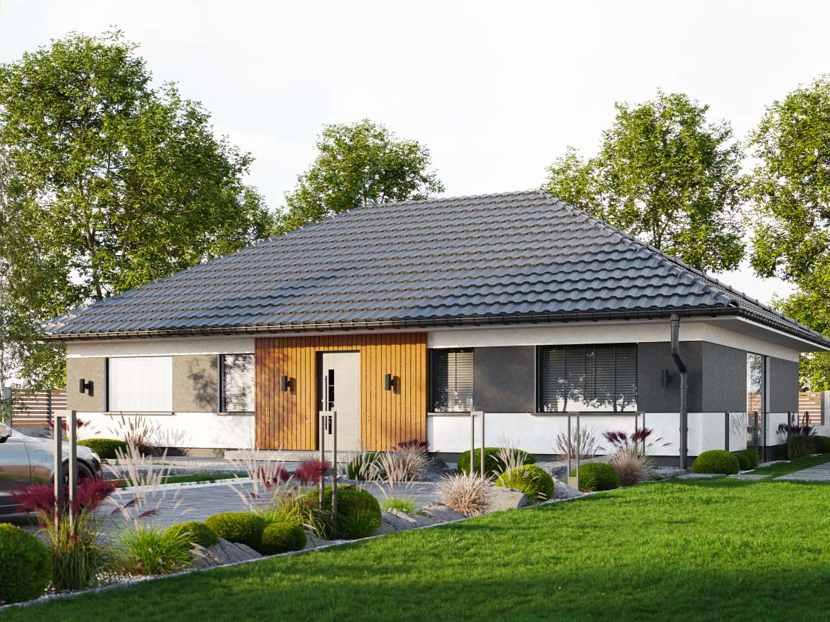 Projekt domu parterowego RNS100C 100 m² z dachem czterospadowym – wizualizacja frontu