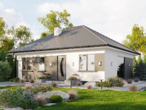 Projekt domu parterowego 76m2 wizualizacja elewacji frontowej