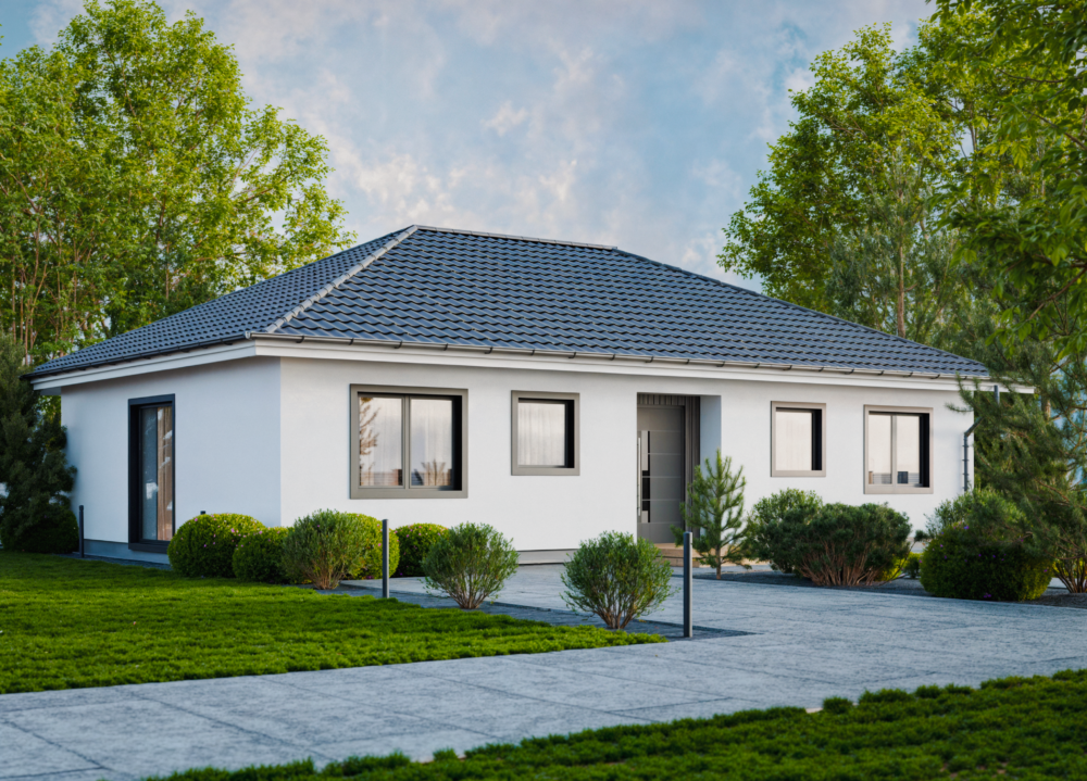 Wizualizacja frontowa projekt domu parterowego 86m2 z dachem czterospadowym