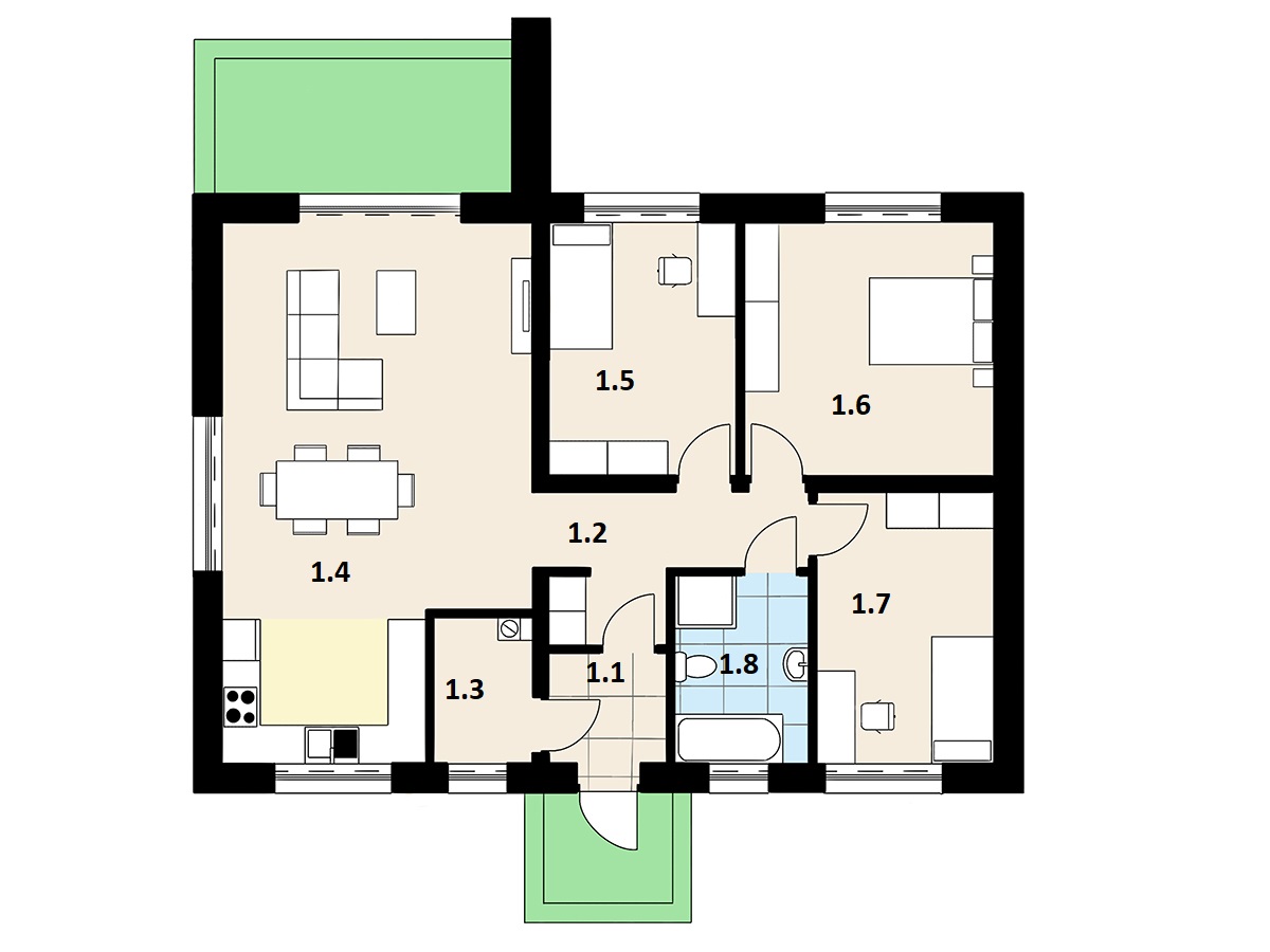 Rzut podstawowy projektu domu 94 m² z dachem czterospadowym