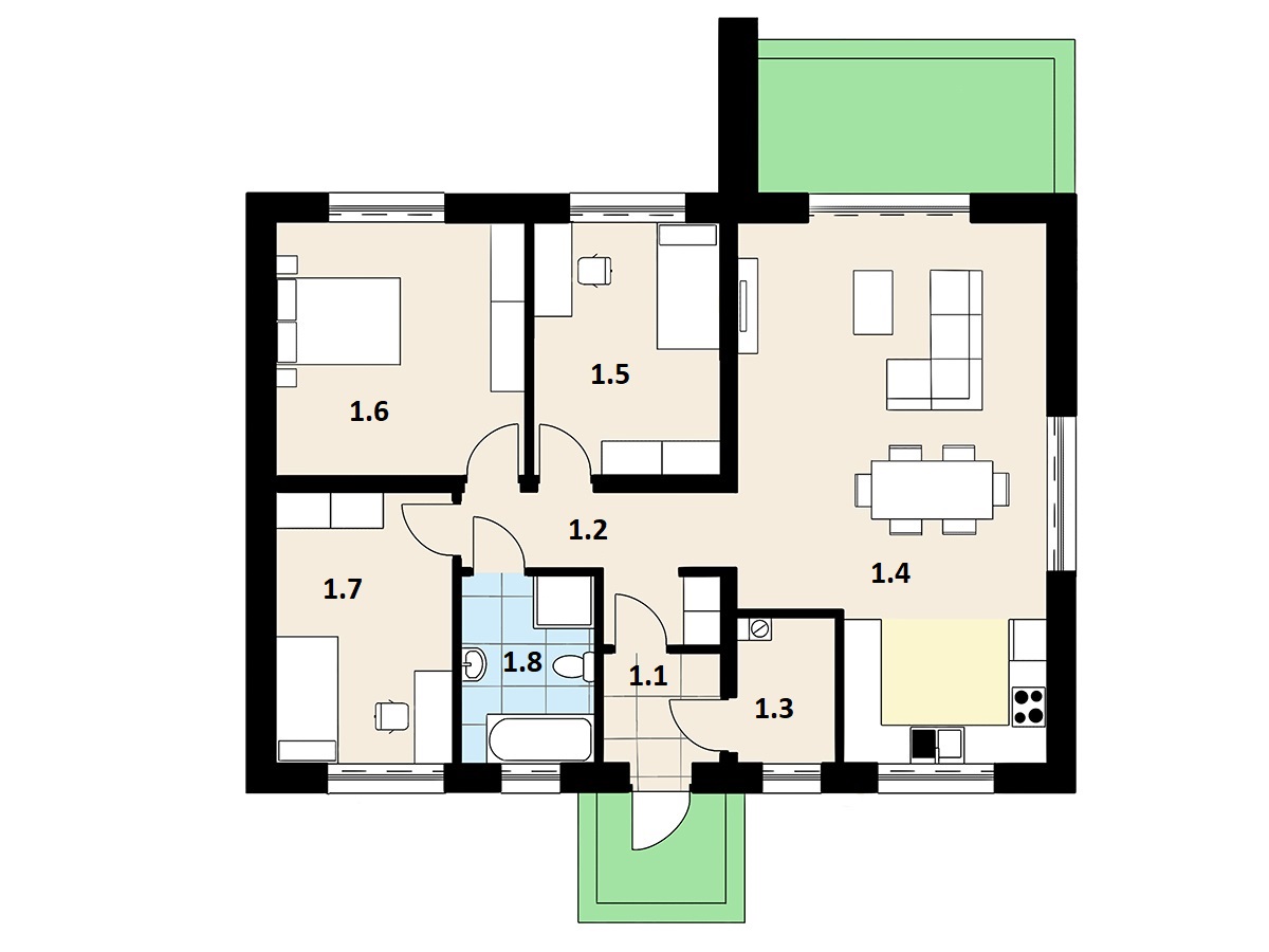 Rzut lustrzany projektu domu 94 m² z dachem czterospadowym