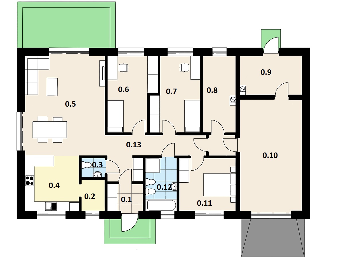 Rzut podstawowy projektu domu parterowego 100 m² z garażem