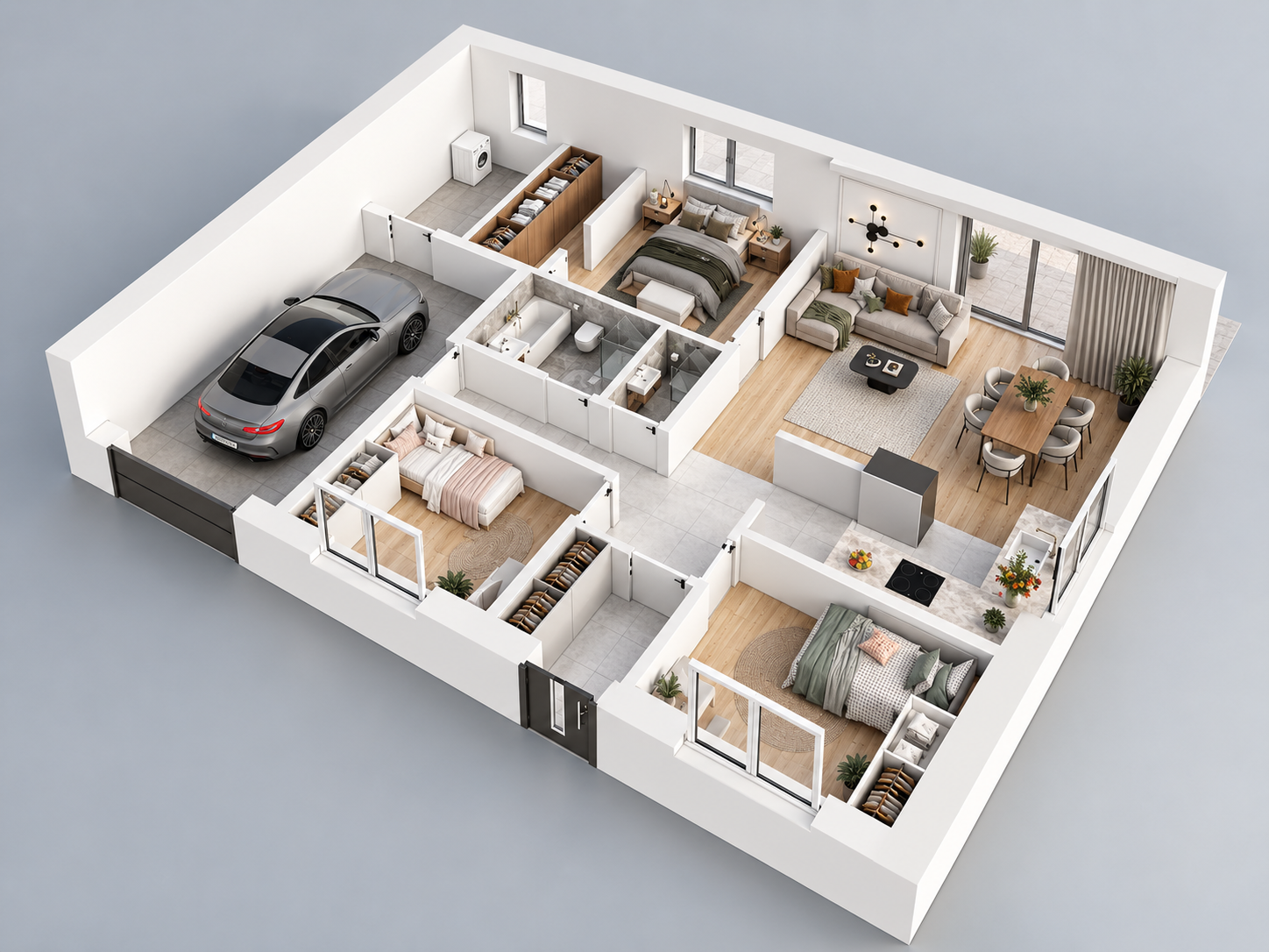 Wizualizacja 3D projektu domu 97 m² z garażem