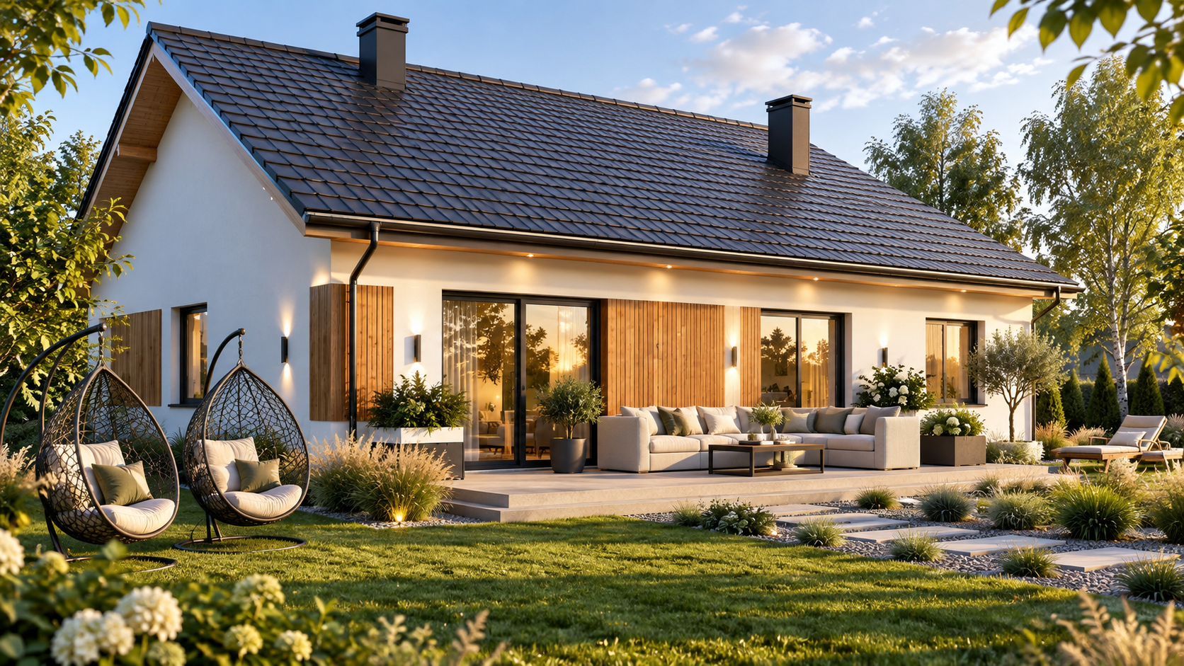 Projekt domu 97 m² z garażem – elewacja ogrodowa