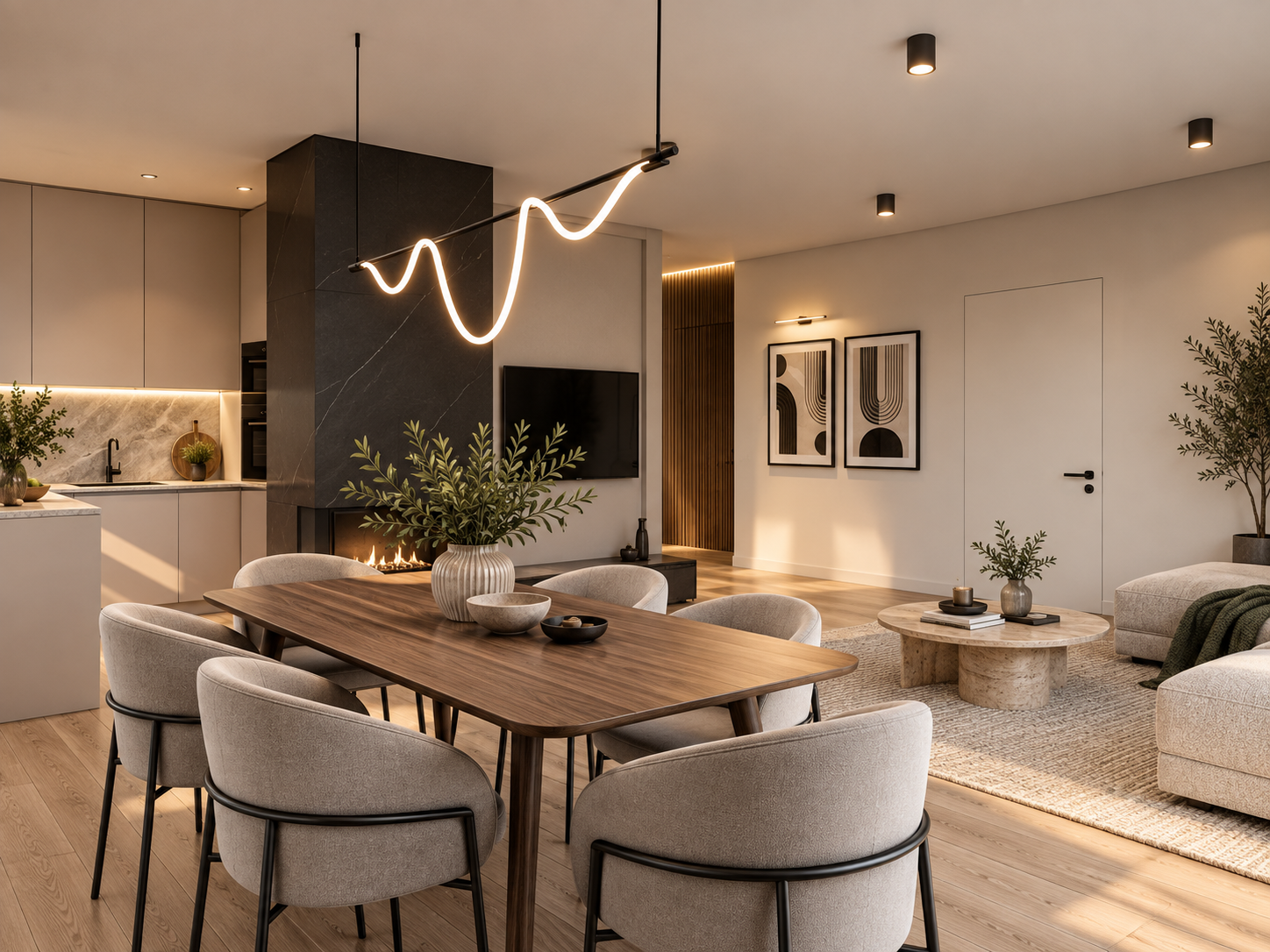 Wnętrze projektu domu 97 m² z garażem – salon, kuchnia i jadalnia